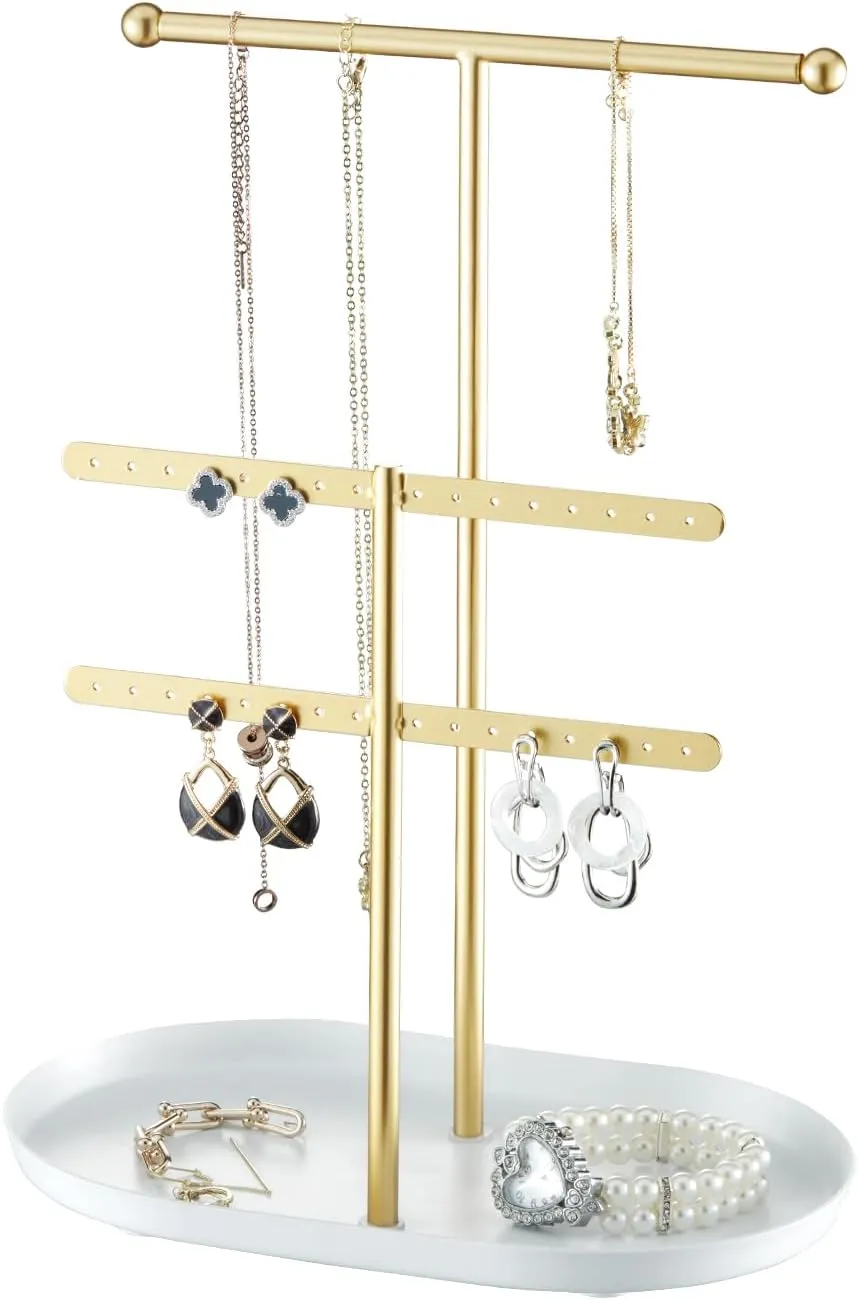Elegant Jewelry holder Organizer 2-Tier Display Storage Stand for Earrings Necklaces with Ring Tray Spacious and Durable, Easy to Assemble White & Gold