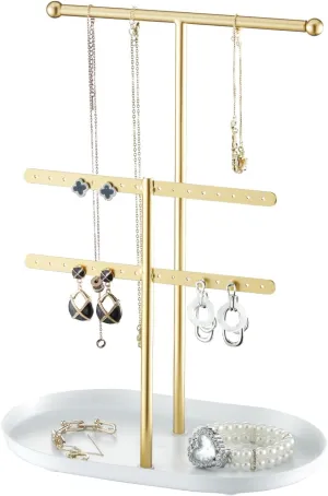Elegant Jewelry holder Organizer 2-Tier Display Storage Stand for Earrings Necklaces with Ring Tray Spacious and Durable, Easy to Assemble White & Gold