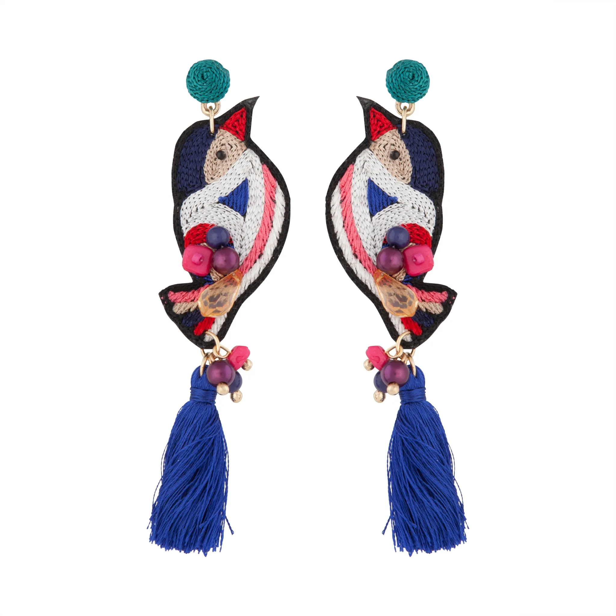 Embroidered Bird Tassel Earrings