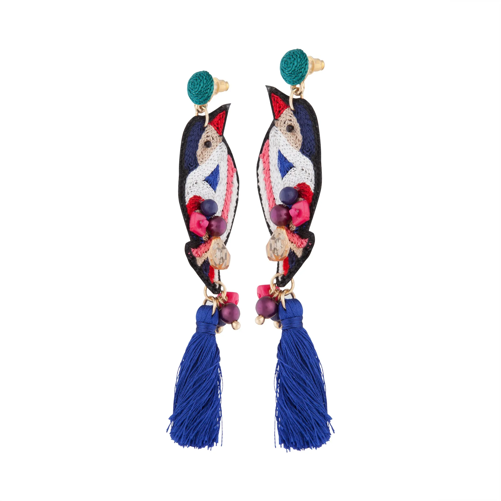 Embroidered Bird Tassel Earrings