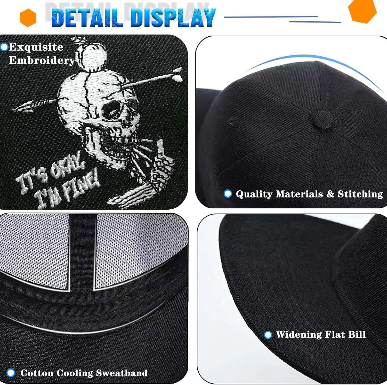 Embroidery Snapback Hats for Men Embroidered Flat Bill Brim Hats for Men