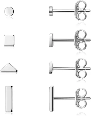 EPIRORA Sterling Silver Stud Earrings for Women Men- 4 Pairs of Hypoallergenic Simple Geometric Small Stud Earring Set Tiny Circle Triangle Square Bar Stud Earrings Mini Cartilage Tragus Earrings