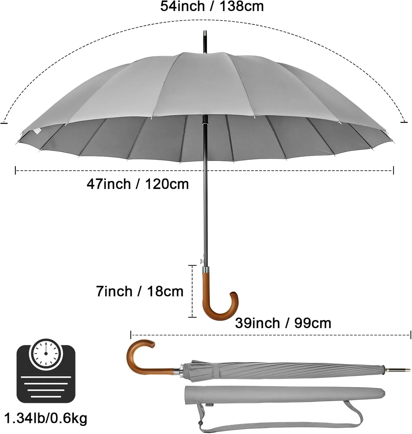 G4Free 54 Inch Large Windproof Umbrella for 2 Persons, 16 Ribs Auto Open Classic Wooden J Handle Cane Stick Golf Rain Umbrellas for Men Women Travel 120cm