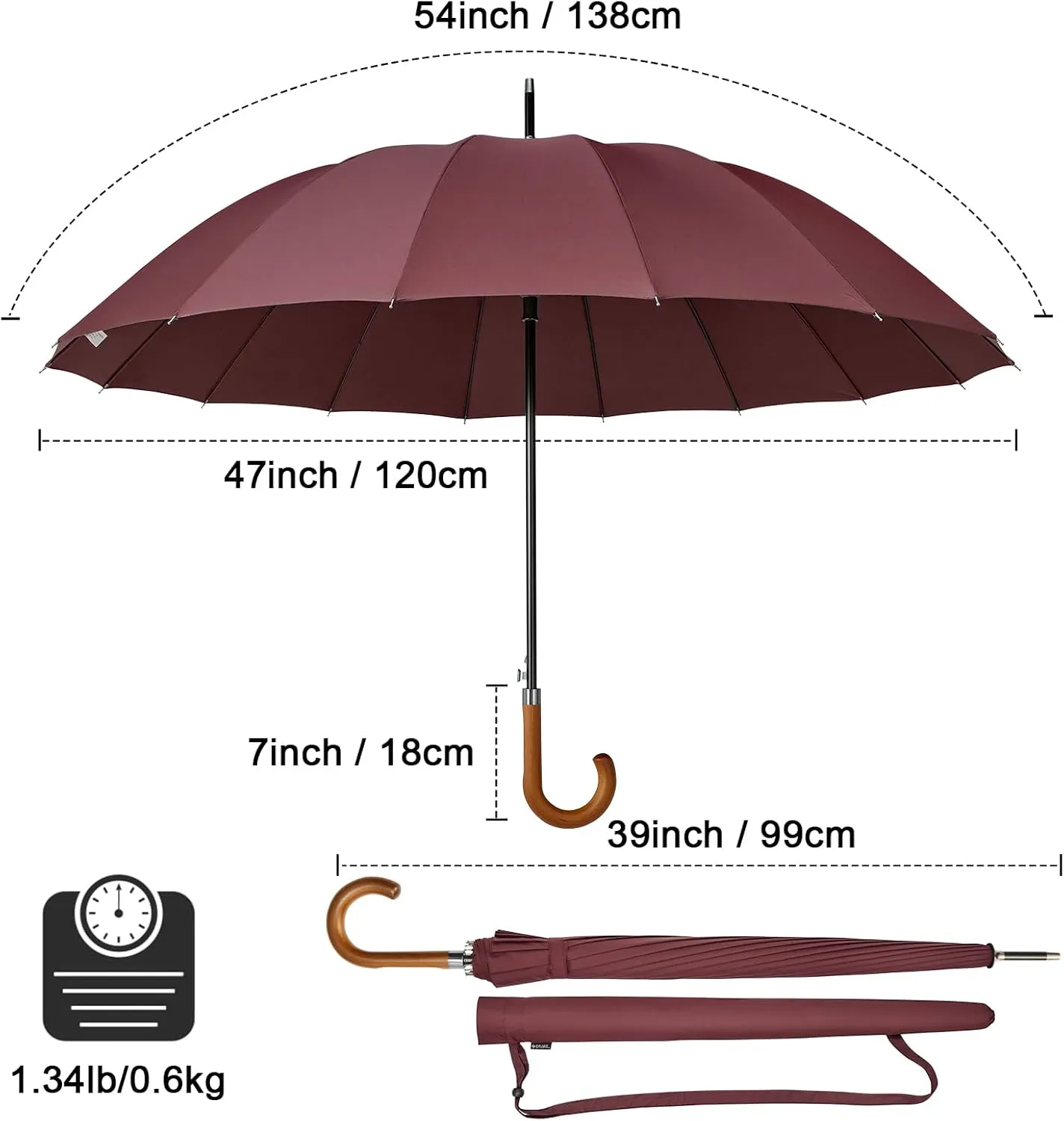 G4Free 54 Inch Large Windproof Umbrella for 2 Persons, 16 Ribs Auto Open Classic Wooden J Handle Cane Stick Golf Rain Umbrellas for Men Women Travel 120cm
