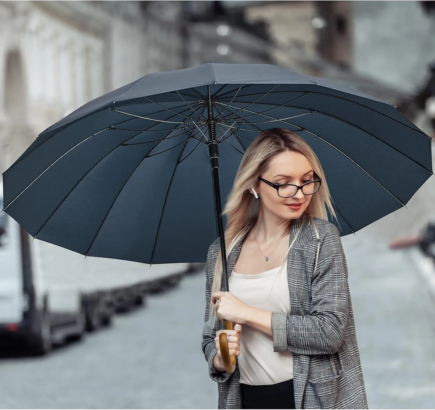 G4Free 54 Inch Large Windproof Umbrella for 2 Persons, 16 Ribs Auto Open Classic Wooden J Handle Cane Stick Golf Rain Umbrellas for Men Women Travel 120cm