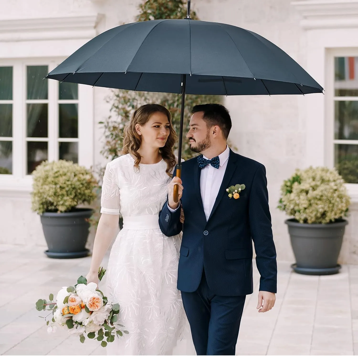G4Free 54 Inch Large Windproof Umbrella for 2 Persons, 16 Ribs Auto Open Classic Wooden J Handle Cane Stick Golf Rain Umbrellas for Men Women Travel 120cm