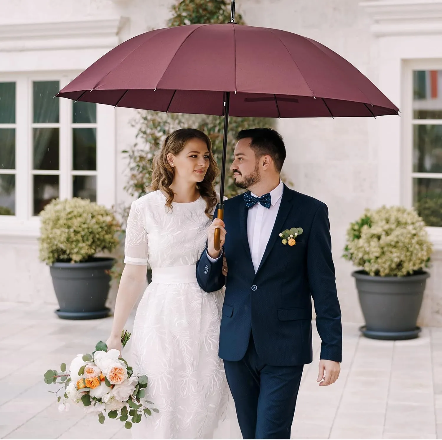 G4Free 54 Inch Large Windproof Umbrella for 2 Persons, 16 Ribs Auto Open Classic Wooden J Handle Cane Stick Golf Rain Umbrellas for Men Women Travel 120cm
