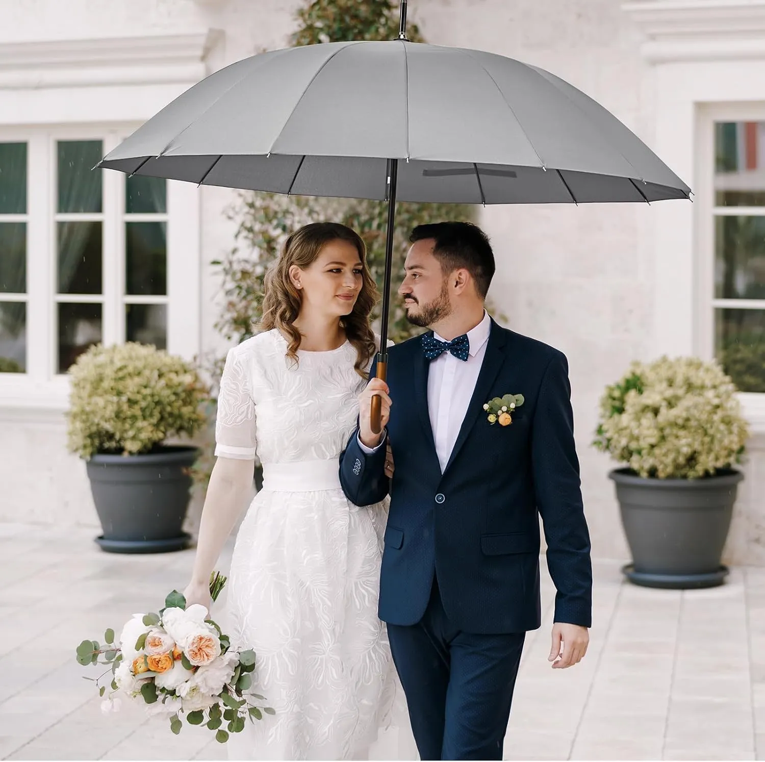 G4Free 54 Inch Large Windproof Umbrella for 2 Persons, 16 Ribs Auto Open Classic Wooden J Handle Cane Stick Golf Rain Umbrellas for Men Women Travel 120cm