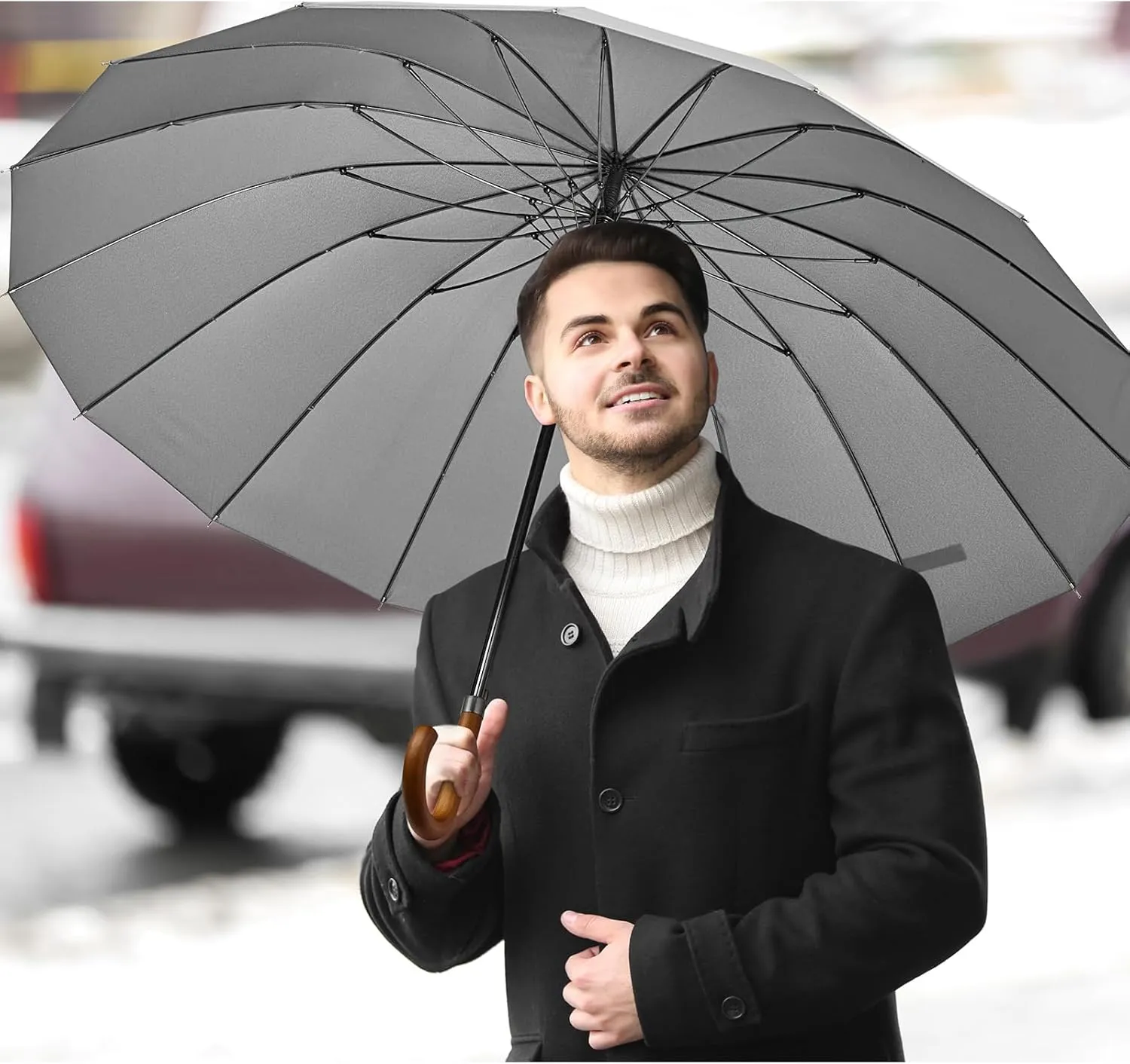 G4Free 54 Inch Large Windproof Umbrella for 2 Persons, 16 Ribs Auto Open Classic Wooden J Handle Cane Stick Golf Rain Umbrellas for Men Women Travel 120cm