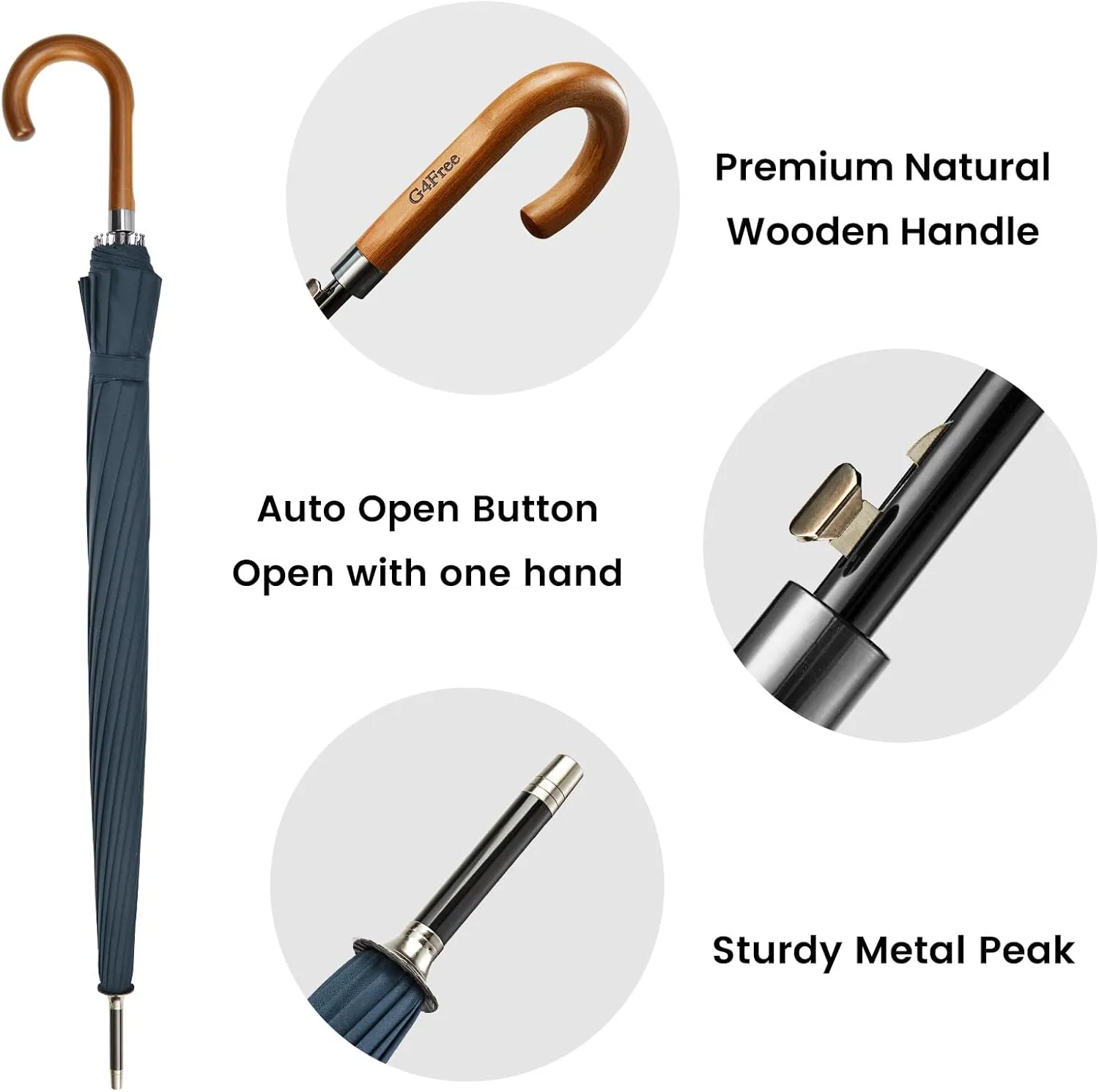 G4Free 54 Inch Large Windproof Umbrella for 2 Persons, 16 Ribs Auto Open Classic Wooden J Handle Cane Stick Golf Rain Umbrellas for Men Women Travel 120cm
