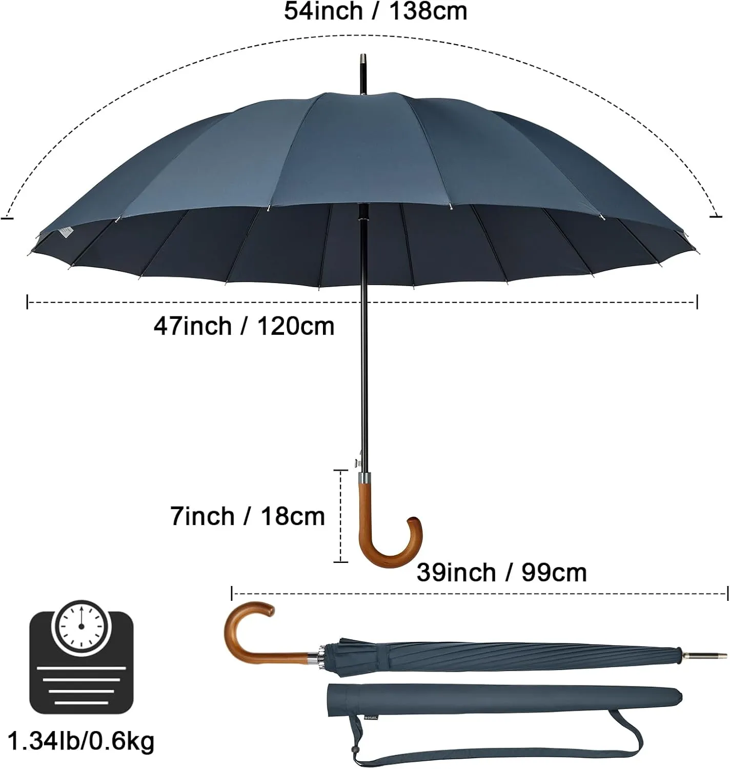 G4Free 54 Inch Large Windproof Umbrella for 2 Persons, 16 Ribs Auto Open Classic Wooden J Handle Cane Stick Golf Rain Umbrellas for Men Women Travel 120cm