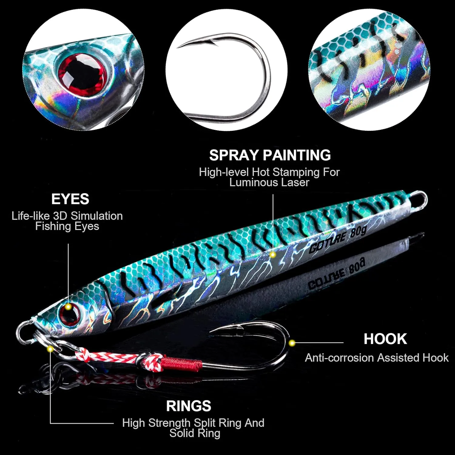 Goture Fishing Jigs Saltwater 60g-200g with Assist Hook, Glow Vertical Jigs, Speed Fast Lead Jig Sea Fishing Jigging Spoon Lures for Tuna, Salmon, Sailfish, Striped bass, Grouper Snapper, Kingfish