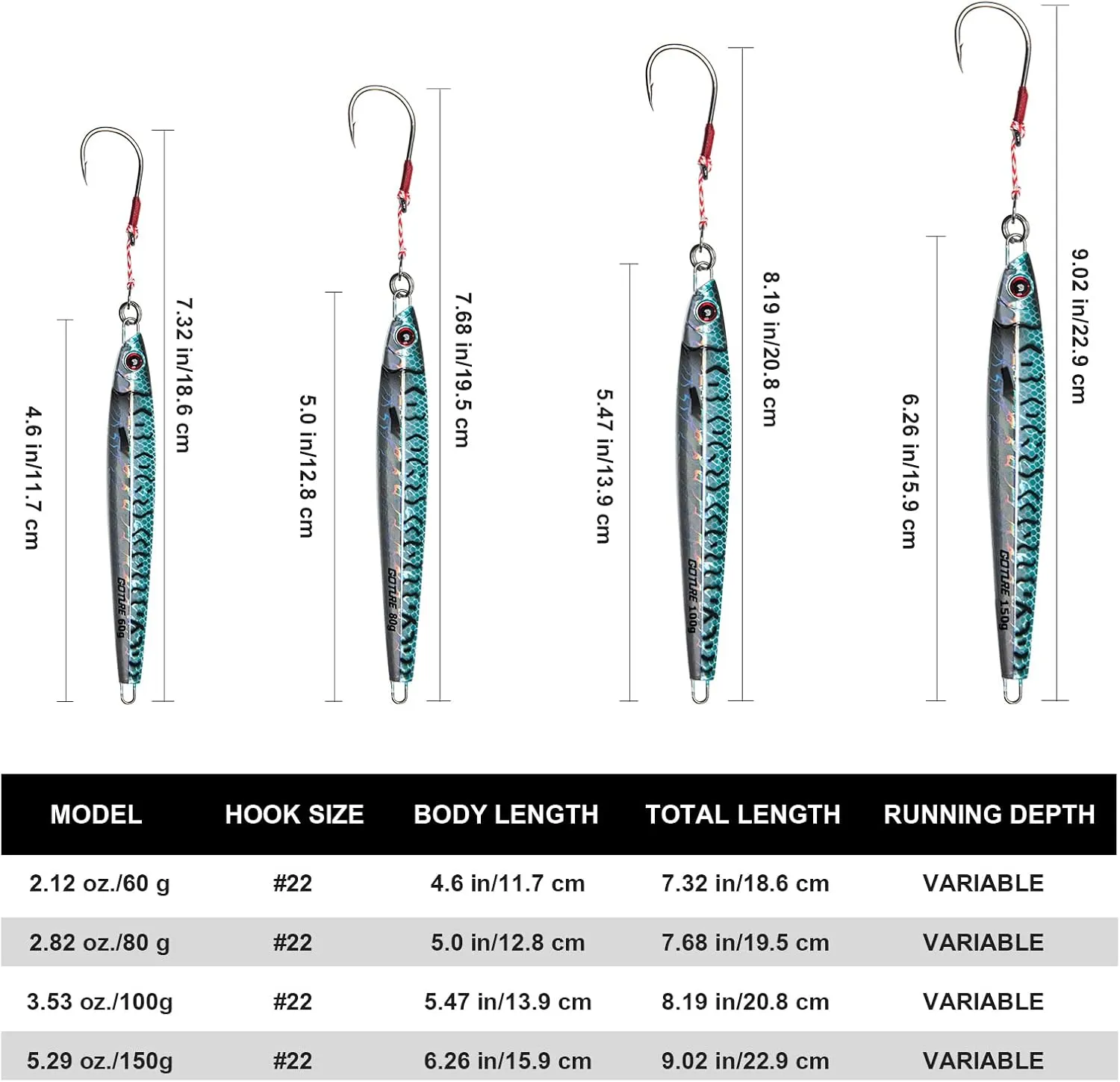 Goture Fishing Jigs Saltwater 60g-200g with Assist Hook, Glow Vertical Jigs, Speed Fast Lead Jig Sea Fishing Jigging Spoon Lures for Tuna, Salmon, Sailfish, Striped bass, Grouper Snapper, Kingfish