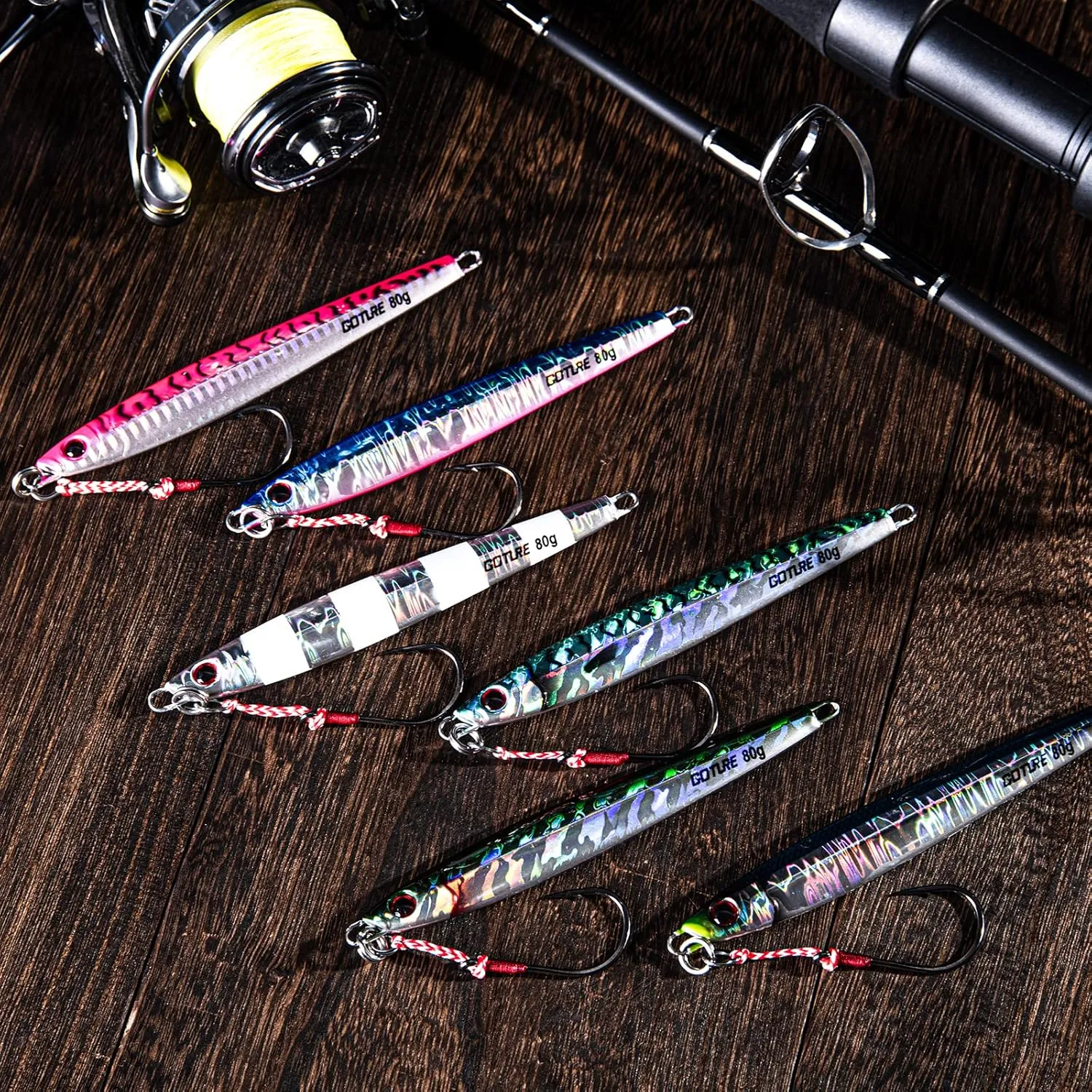Goture Fishing Jigs Saltwater 60g-200g with Assist Hook, Glow Vertical Jigs, Speed Fast Lead Jig Sea Fishing Jigging Spoon Lures for Tuna, Salmon, Sailfish, Striped bass, Grouper Snapper, Kingfish