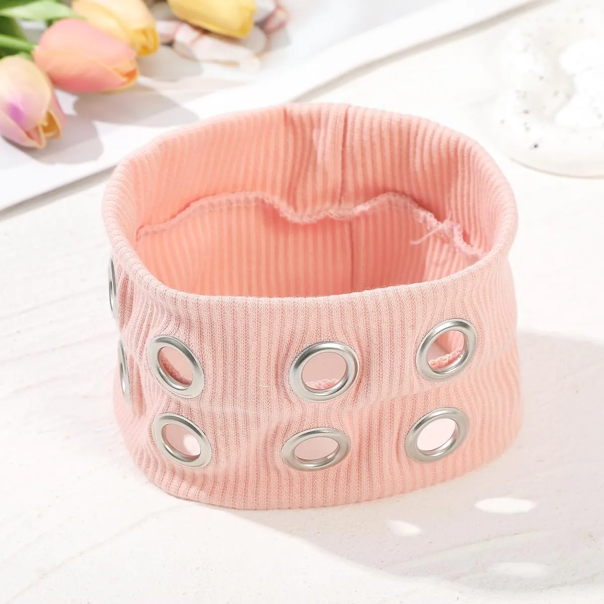 Hollow Eyelet Elastic Headband,Studded Headband Punk Style Rivet,Eyelets Elastic Stretchy Casual Hair Accessory (Khaki, Adjustable)