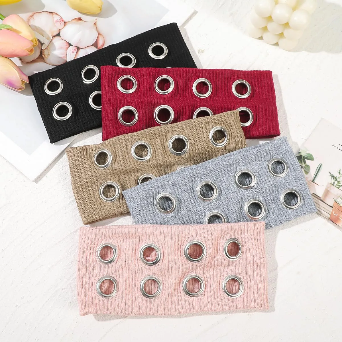 Hollow Eyelet Elastic Headband,Studded Headband Punk Style Rivet,Eyelets Elastic Stretchy Casual Hair Accessory (Khaki, Adjustable)