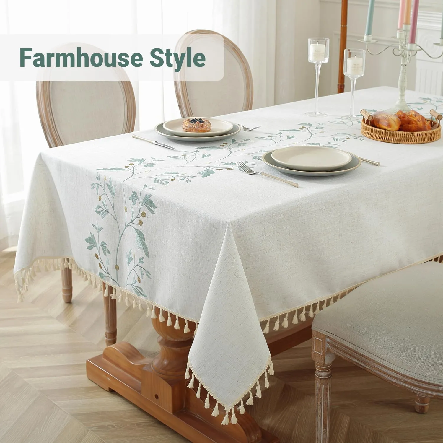 Laolitou Cotton Linen Waterproof Tablecloth for Dining Rustic Farmhouse Kitchen Rectangle Table Cloth Coffee Table Cover, Beige, Green Coffee Flower, 55x55 Inch