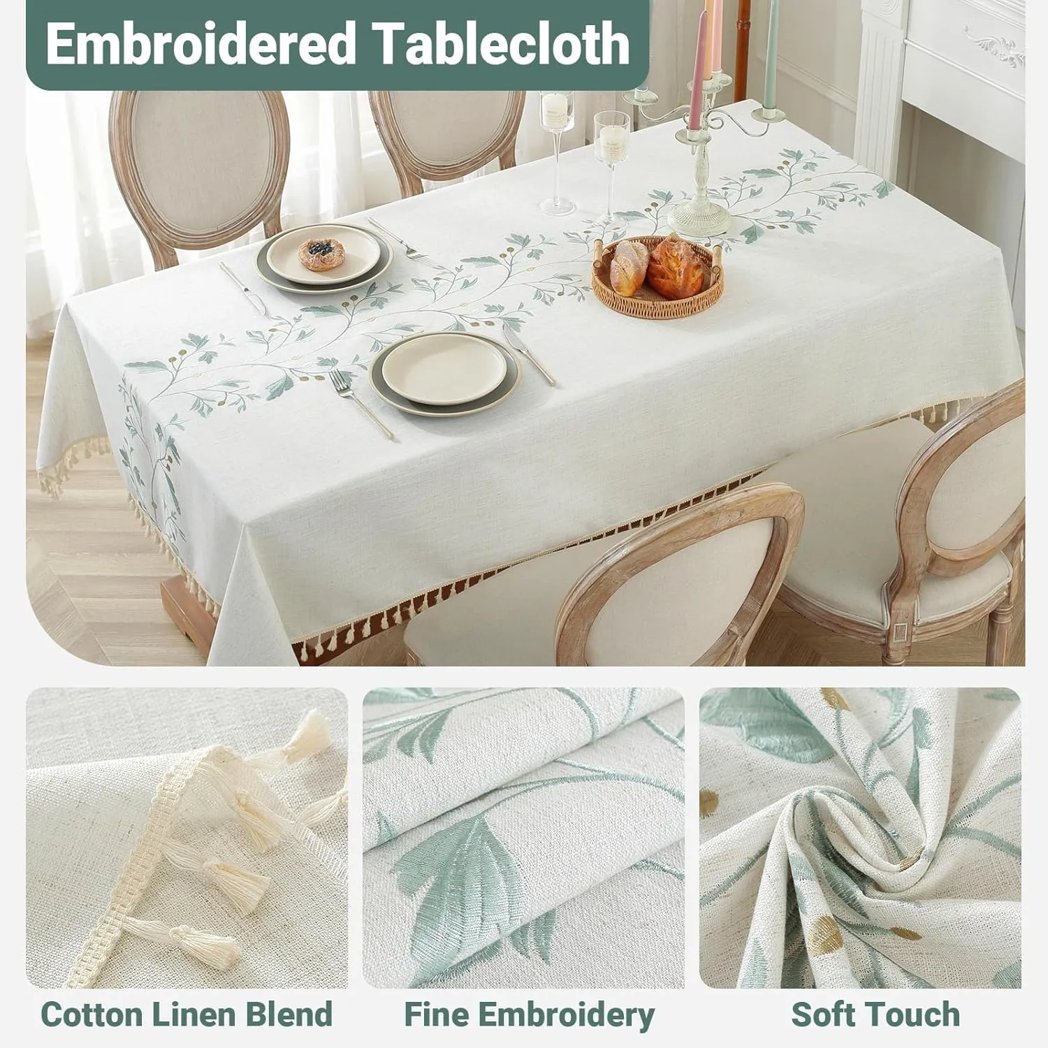 Laolitou Cotton Linen Waterproof Tablecloth for Dining Rustic Farmhouse Kitchen Rectangle Table Cloth Coffee Table Cover, Beige, Green Coffee Flower, 55x55 Inch