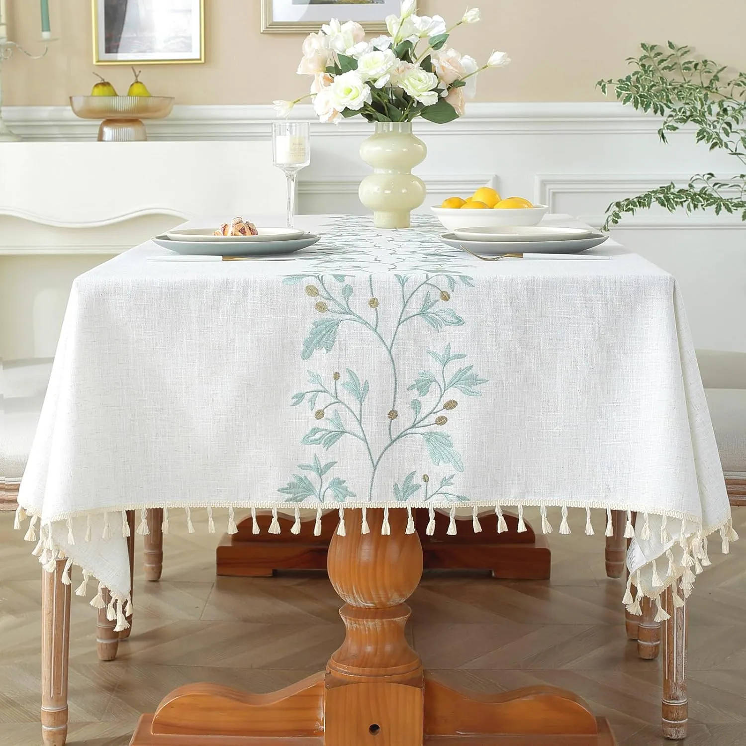 Laolitou Cotton Linen Waterproof Tablecloth for Dining Rustic Farmhouse Kitchen Rectangle Table Cloth Coffee Table Cover, Beige, Green Coffee Flower, 55x55 Inch