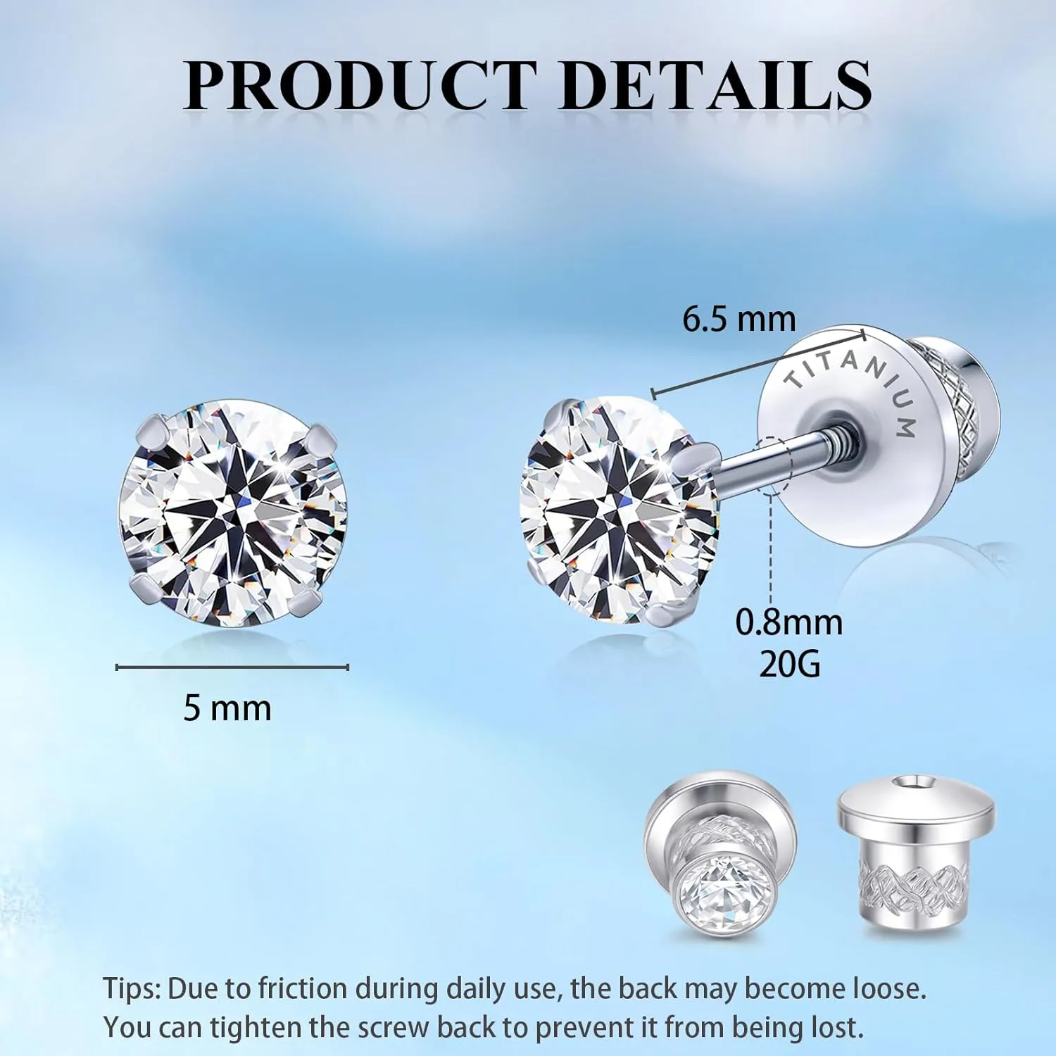 Limerencia Hypoallergenic G23 Implant Grade Titanium Screw Back Earrings Tragus 20G Helix F136 Piercing Post for Sensitive Ears Simulated Diamond Cartilage