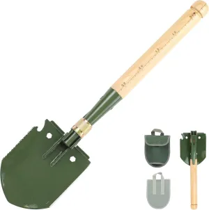 Mastiff Gears  Wooden Handle Folding Survival Shovel w/Pick - Heavy Duty Carbon Steel Military Style Entrenching Tool for Off Road, Camping, Gardening, Beach, Digging Dirt, Sand, Mud & Snow