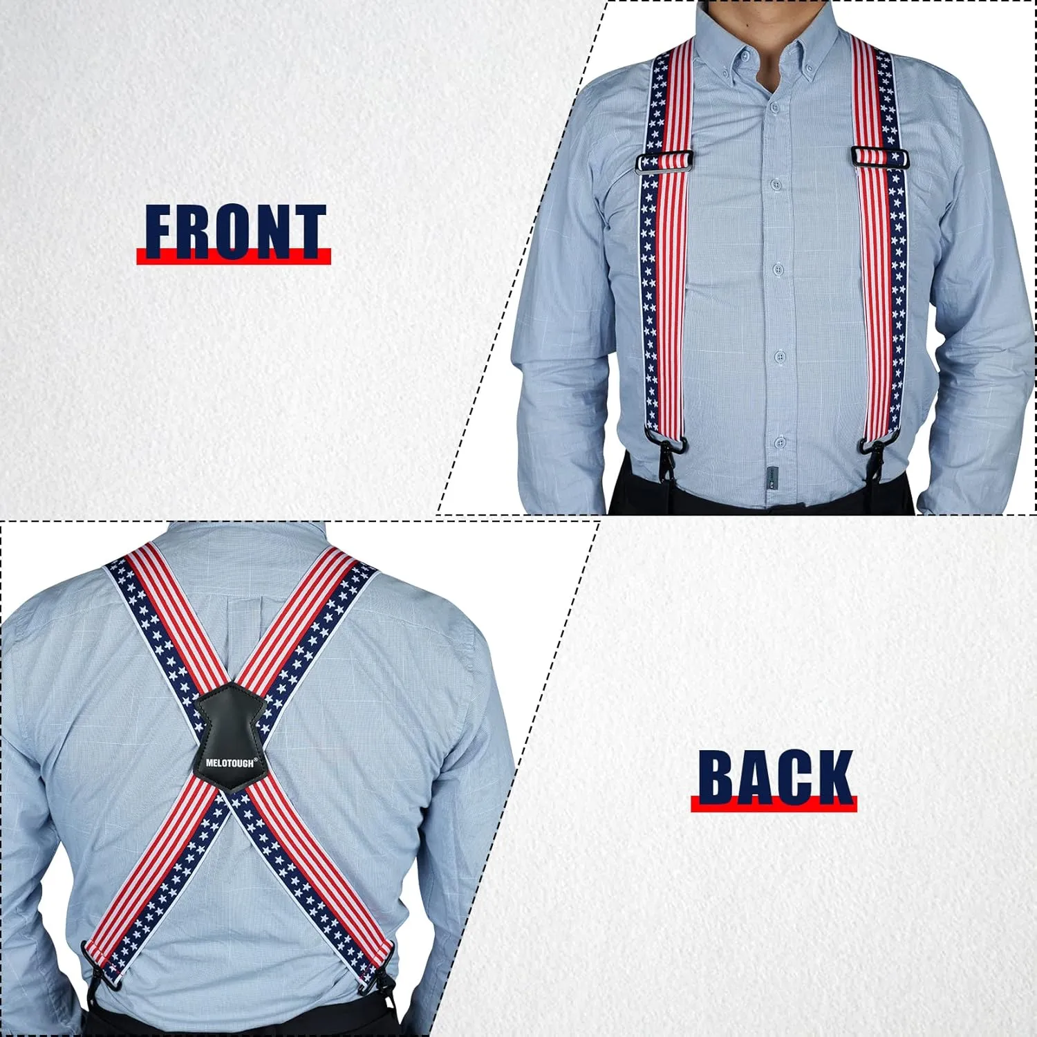 MELOTOUGH Men's Suspender 1.5/2 Inch Wide Suspenders Full Elastic X Back Suspender with Snap Hooks