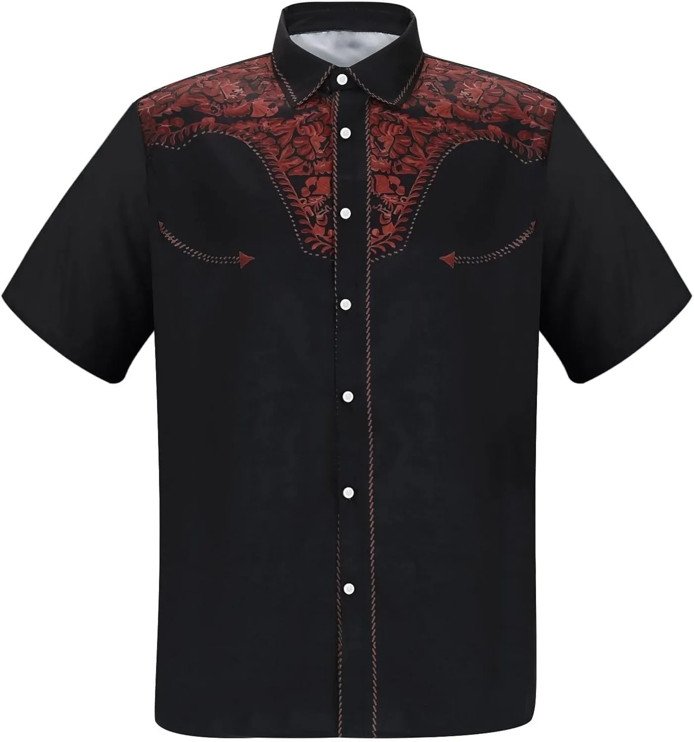 Men's Cowboy Shirts Embroidered Rose Design Big and Tall Casual Loose Tee Tops Western Short Sleeve Button Down