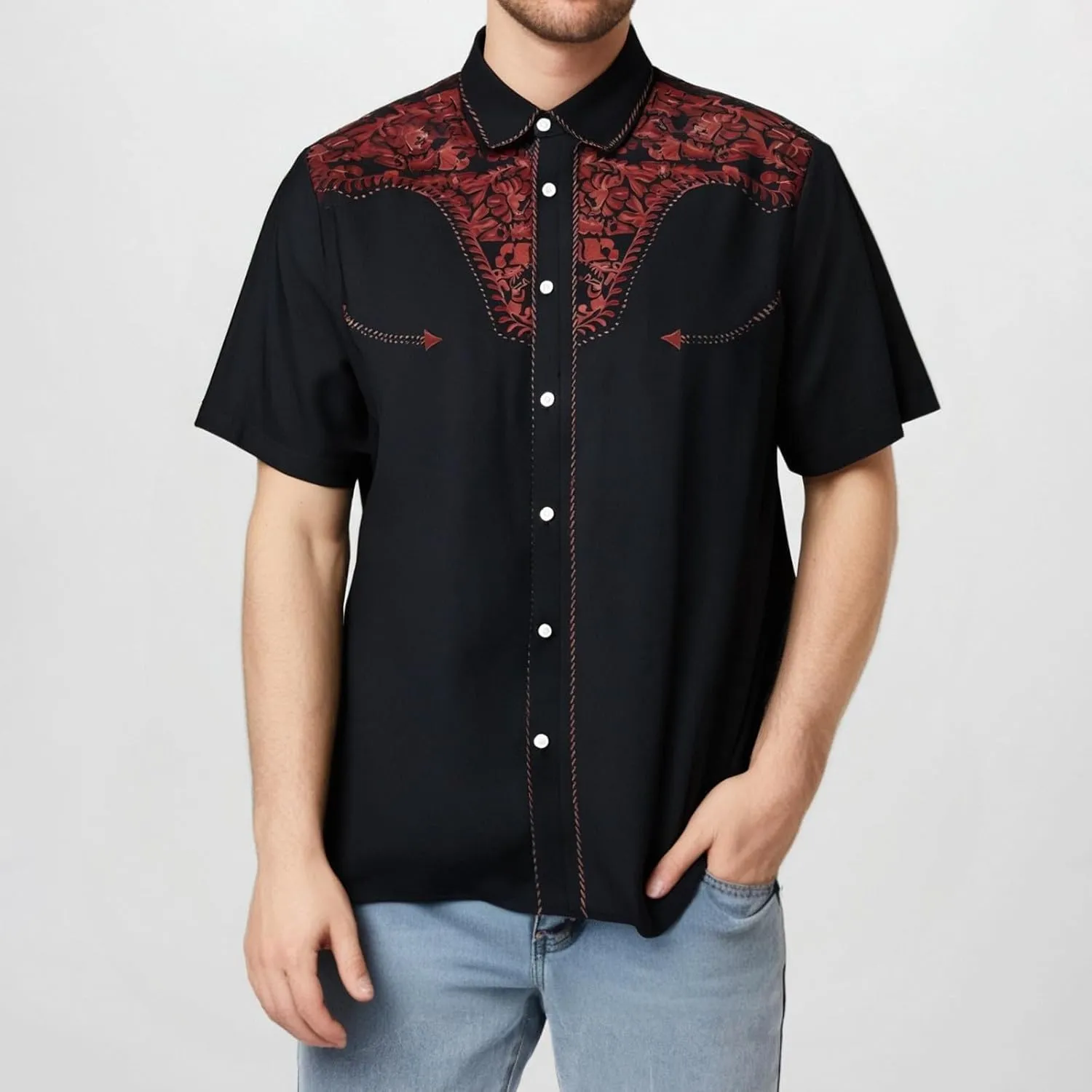 Men's Cowboy Shirts Embroidered Rose Design Big and Tall Casual Loose Tee Tops Western Short Sleeve Button Down