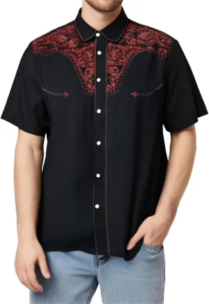 Men's Cowboy Shirts Embroidered Rose Design Big and Tall Casual Loose Tee Tops Western Short Sleeve Button Down