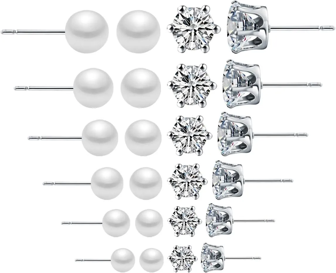 OUGWA 12 Pairs Stainless Steel Clear Cubic Zirconia Pearl Stud Earrings Women's Stud Earrings Set (Pearl Earrings)