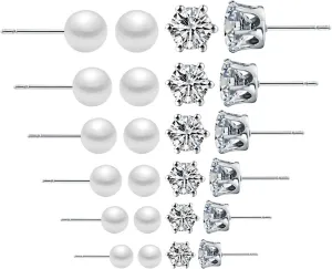 OUGWA 12 Pairs Stainless Steel Clear Cubic Zirconia Pearl Stud Earrings Women's Stud Earrings Set (Pearl Earrings)