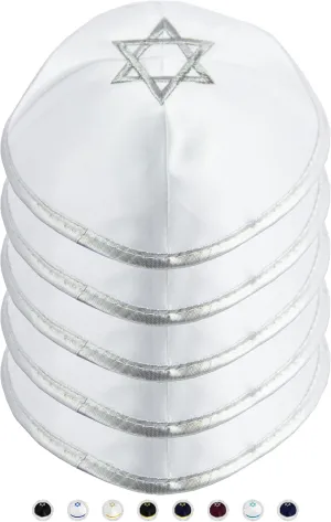 Pack of 5-Pcs Hq 20cm Satin/Velvet Kippah with Silver/Gold String Star of David for Men & Boys, Israel Kippot Bulk