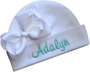 Personalized Embroidered Baby Girl Hat with Grosgrain Bow with Custom Name