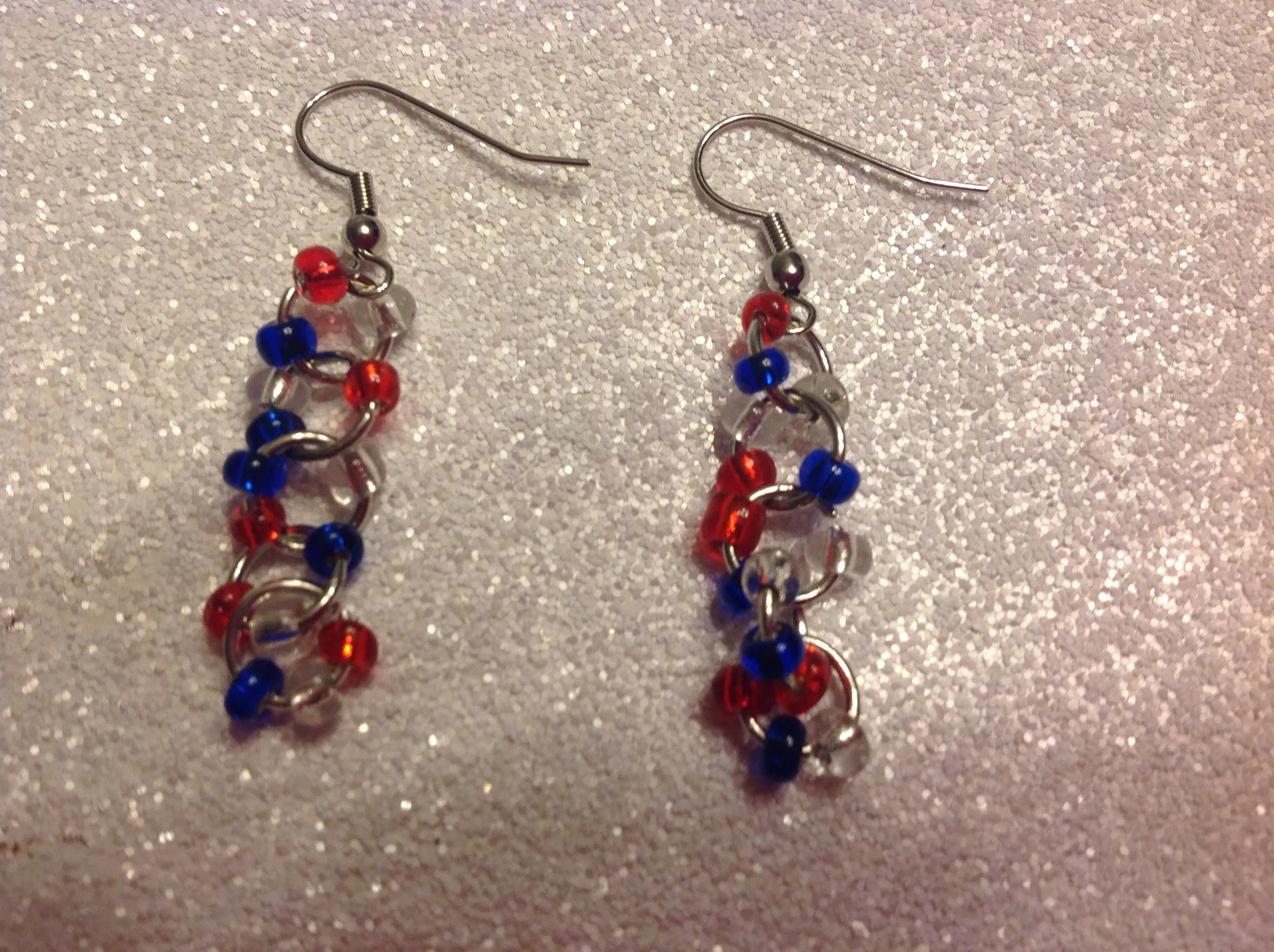 Red, white and blue dangle earrings