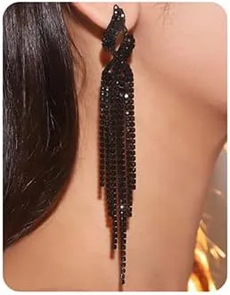 Wiwpar Boho Crystal Long Tassel Drop Earrings Sparkly Rhinestone Tassel Bohemian Fringe Chandelier Dangle Earrings for Wedding Bridal Prom Party