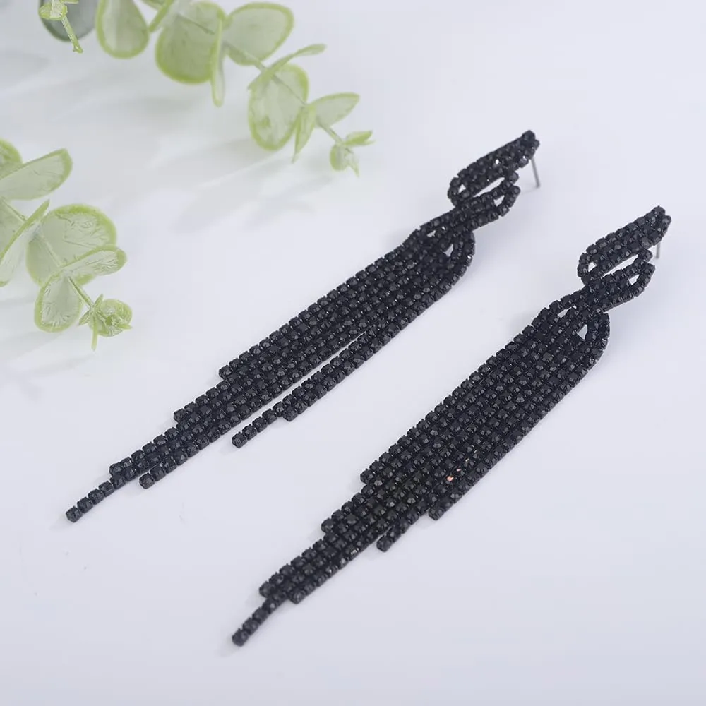 Wiwpar Boho Crystal Long Tassel Drop Earrings Sparkly Rhinestone Tassel Bohemian Fringe Chandelier Dangle Earrings for Wedding Bridal Prom Party