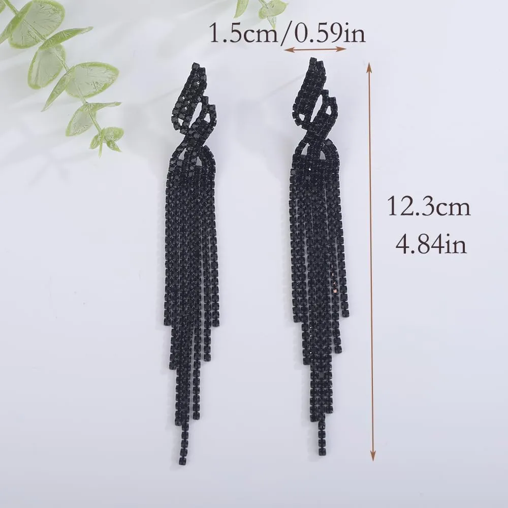 Wiwpar Boho Crystal Long Tassel Drop Earrings Sparkly Rhinestone Tassel Bohemian Fringe Chandelier Dangle Earrings for Wedding Bridal Prom Party