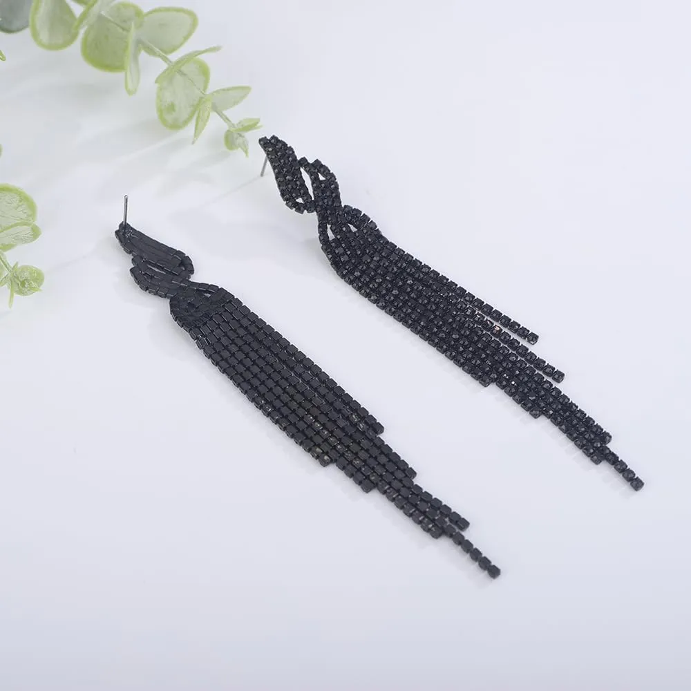 Wiwpar Boho Crystal Long Tassel Drop Earrings Sparkly Rhinestone Tassel Bohemian Fringe Chandelier Dangle Earrings for Wedding Bridal Prom Party
