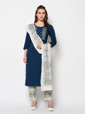 Women Navy Blue Printed Dupatta Set