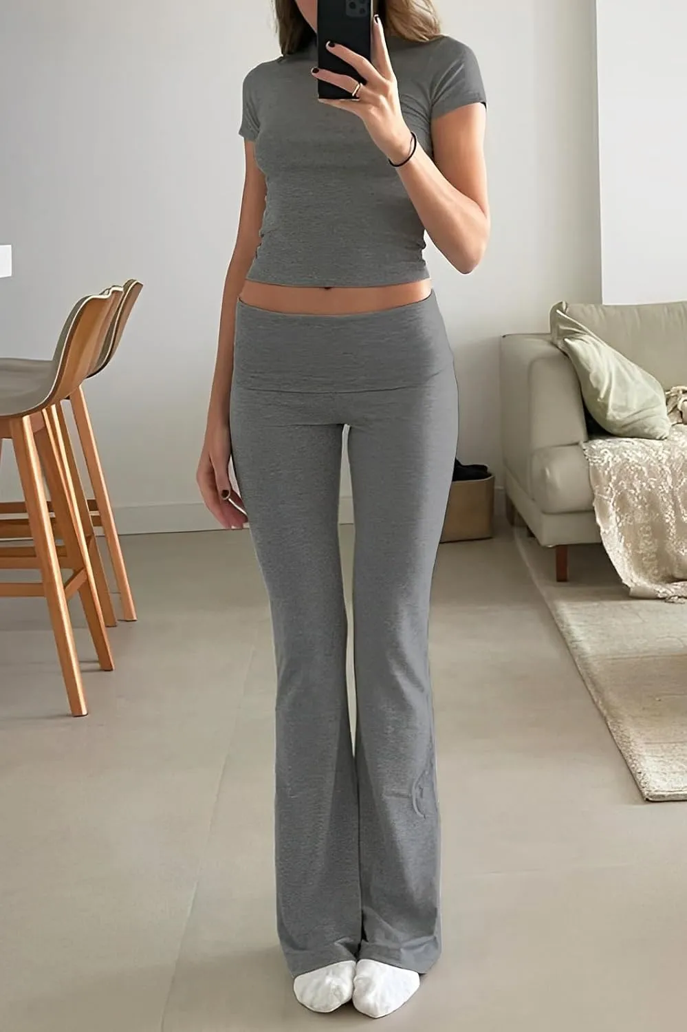 Women's 2 Piece Lounge Outfits Slim Short Sleeve Tops Low Rise Flare Leggings Sets Yoga Sweatsuit