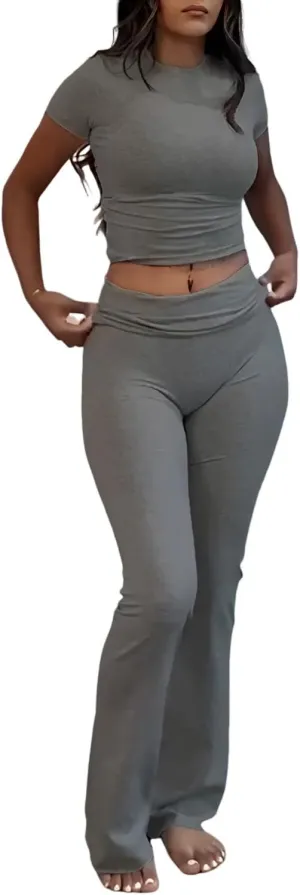 Women's 2 Piece Lounge Outfits Slim Short Sleeve Tops Low Rise Flare Leggings Sets Yoga Sweatsuit