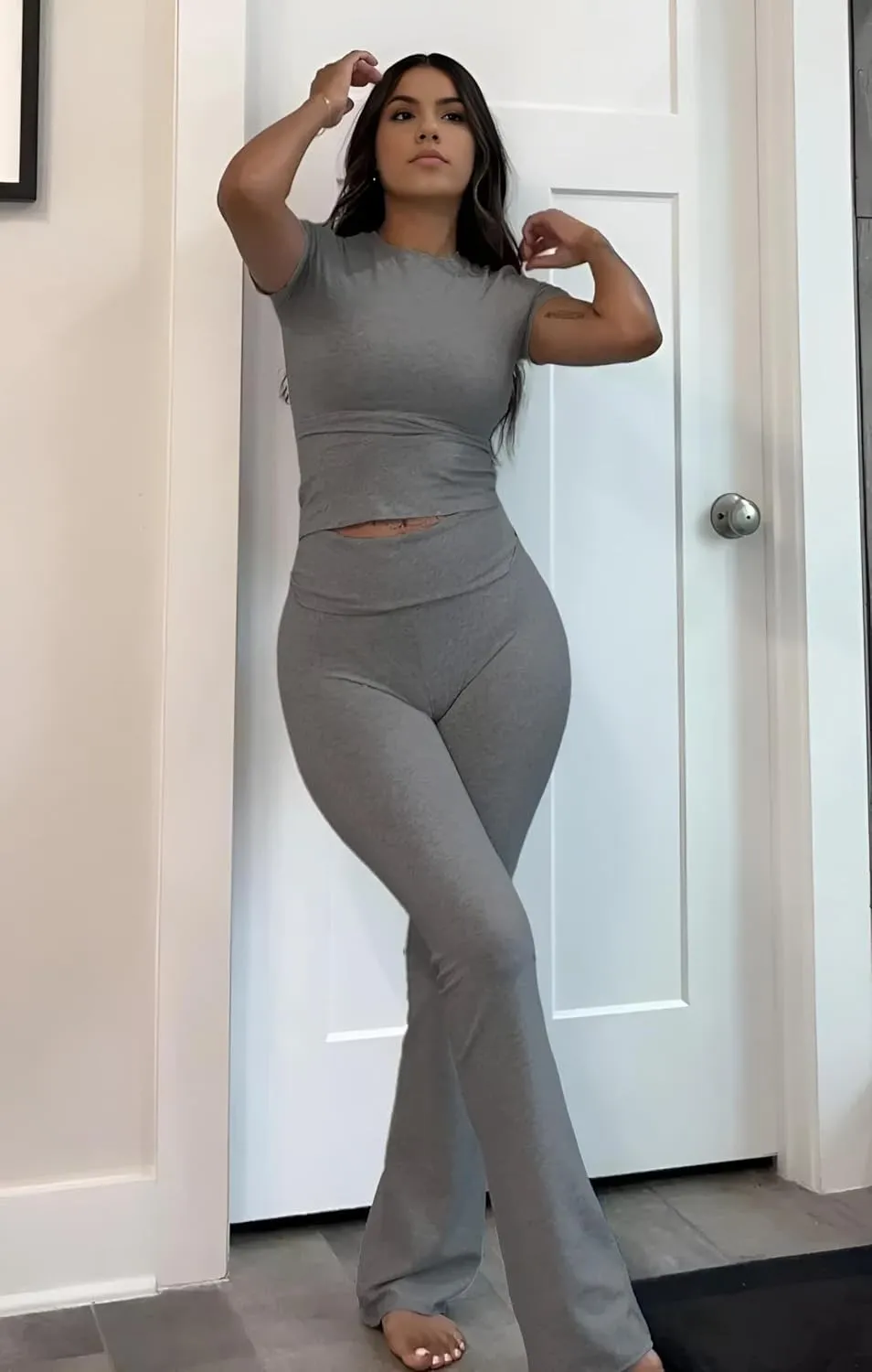 Women's 2 Piece Lounge Outfits Slim Short Sleeve Tops Low Rise Flare Leggings Sets Yoga Sweatsuit
