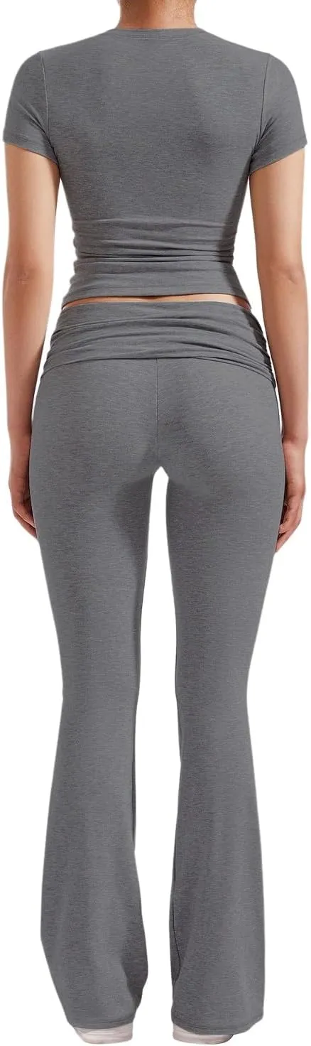 Women's 2 Piece Lounge Outfits Slim Short Sleeve Tops Low Rise Flare Leggings Sets Yoga Sweatsuit
