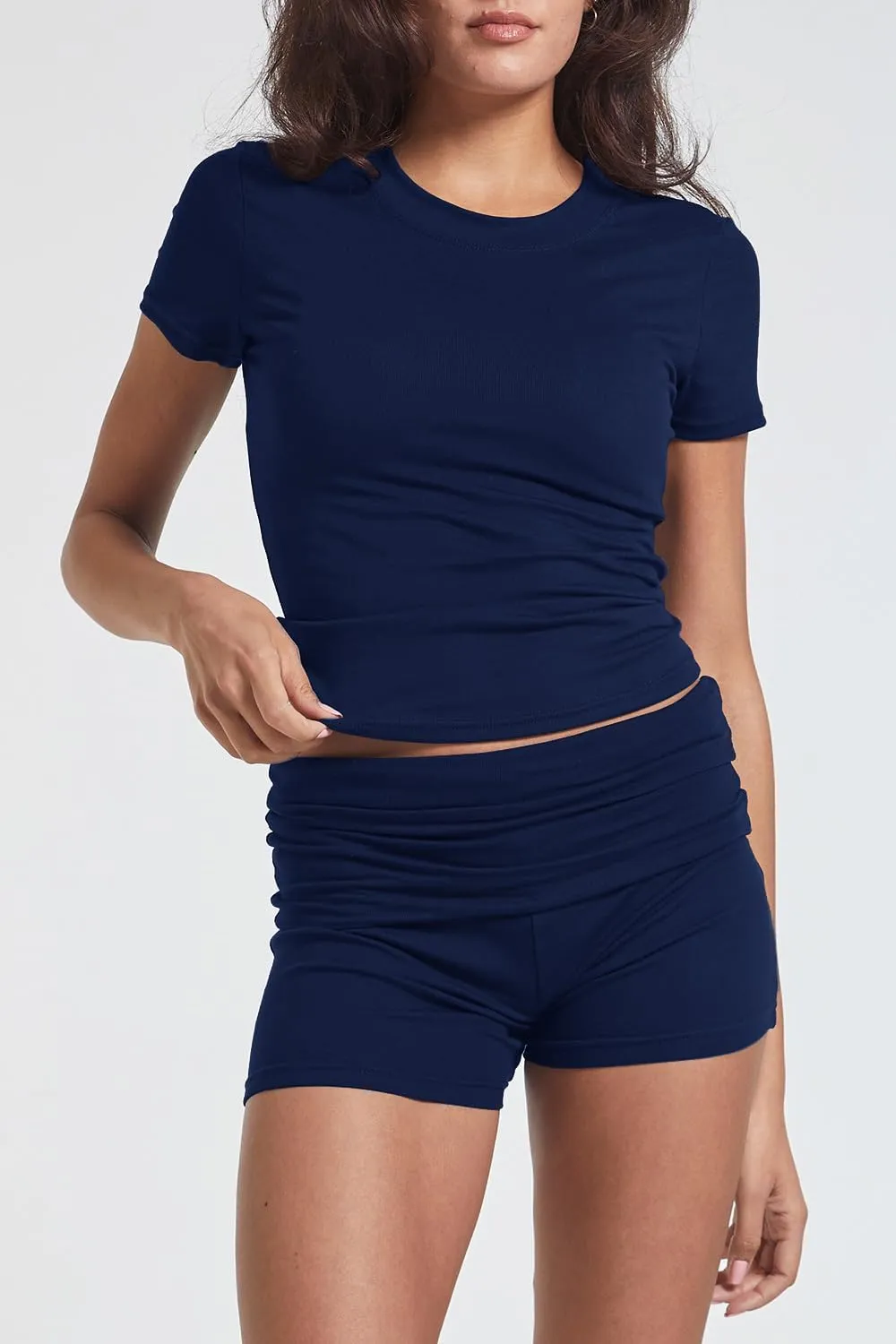 Women's Casual Workout Two Piece Outfits Slim Short Sleeve Low Waist Foldover Shorts Tracksuit Sets Streetwear
