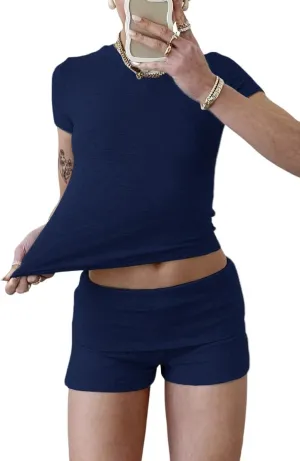 Women's Casual Workout Two Piece Outfits Slim Short Sleeve Low Waist Foldover Shorts Tracksuit Sets Streetwear