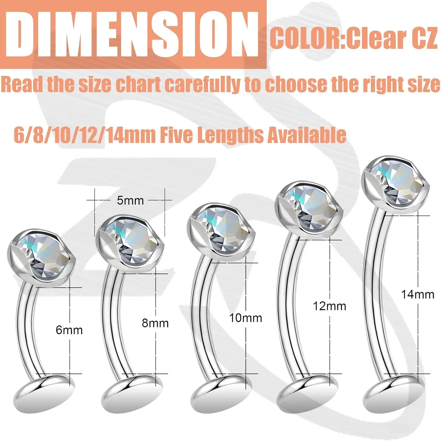 ZS ASTM F136 Titanium Belly Button Ring, 14G Cubic Zirconia Navel Jewelry, 6/8/10/12/14MM Internally Threaded Long Bar Navel Barbell Stud Flat Back Belly Piercing